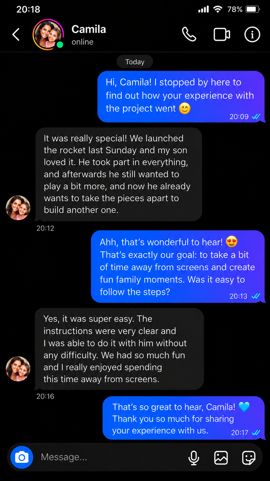 Conversation with Camila: the family launched a rocket and enjoyed a special afternoon away from screens.