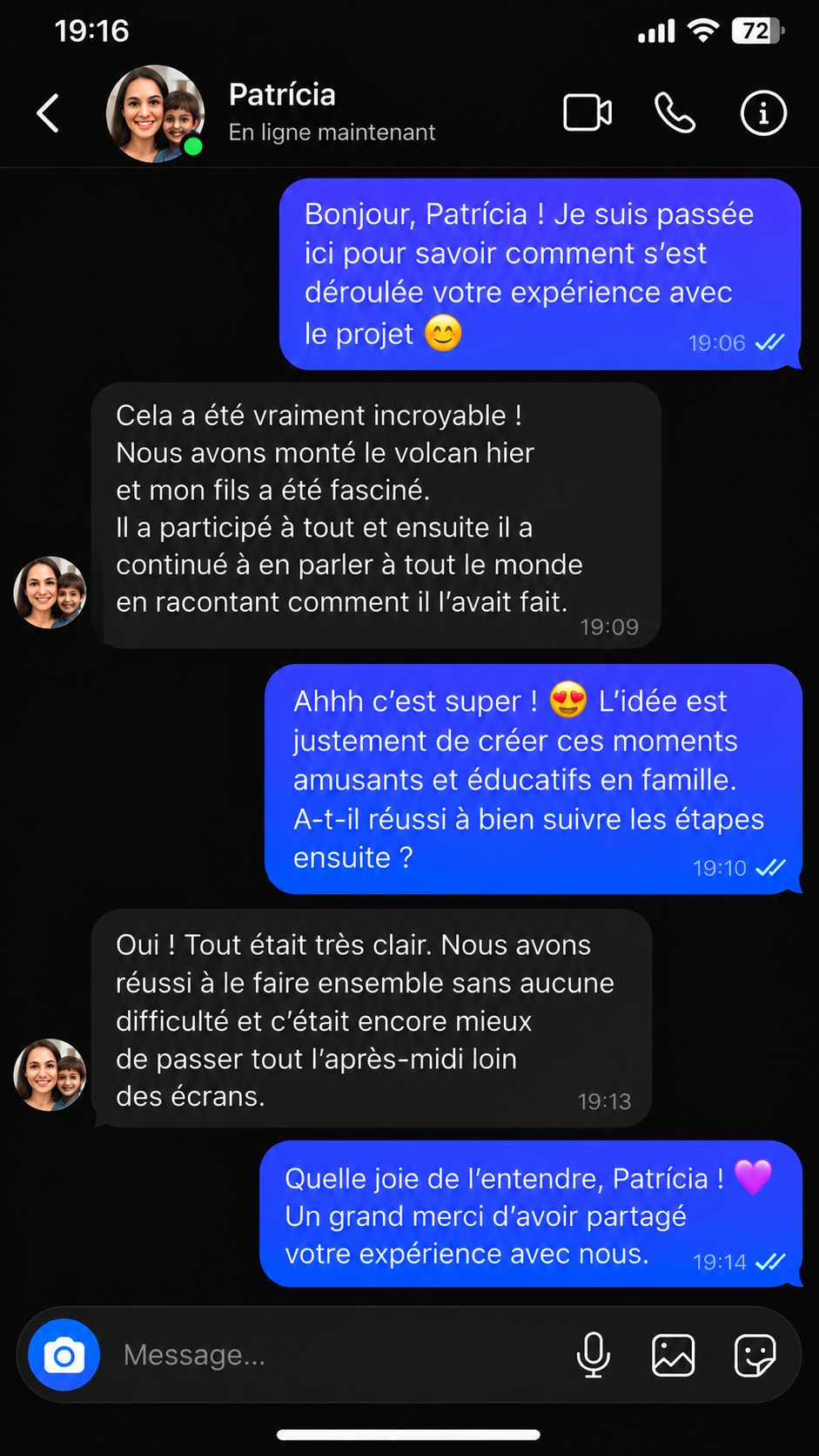 Conversation avec Patrícia : mère et fils ont construit un volcan et passé l’après-midi ensemble sans écrans.