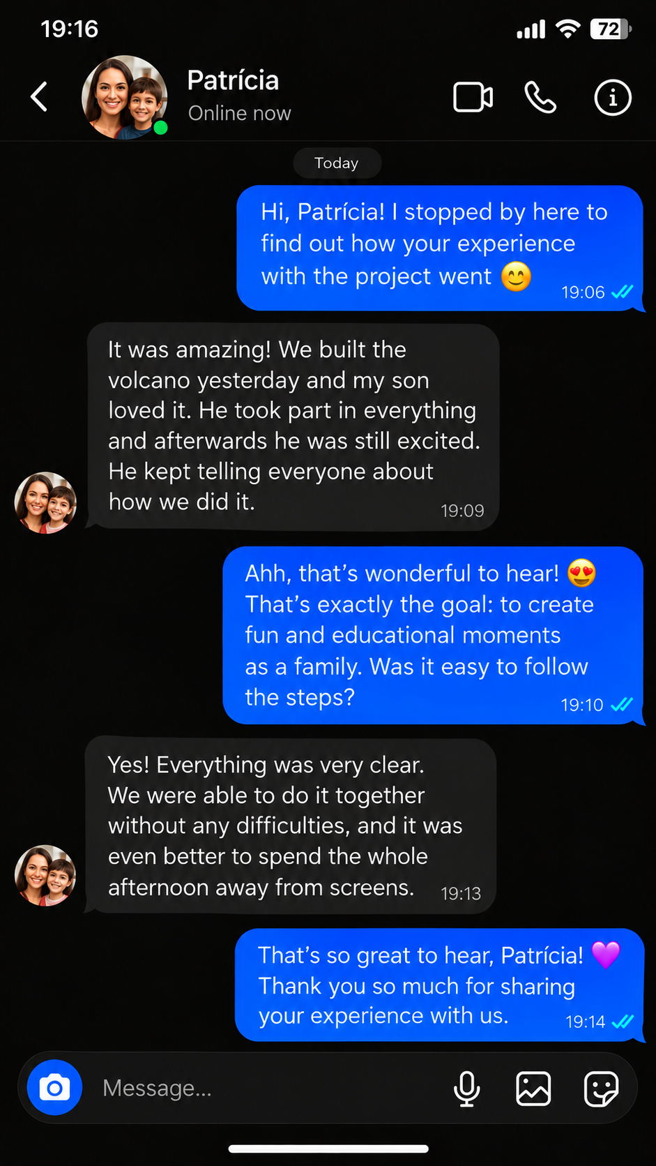 Conversation with PatrΓcia: mother and son built a volcano and spent the afternoon together without screens.