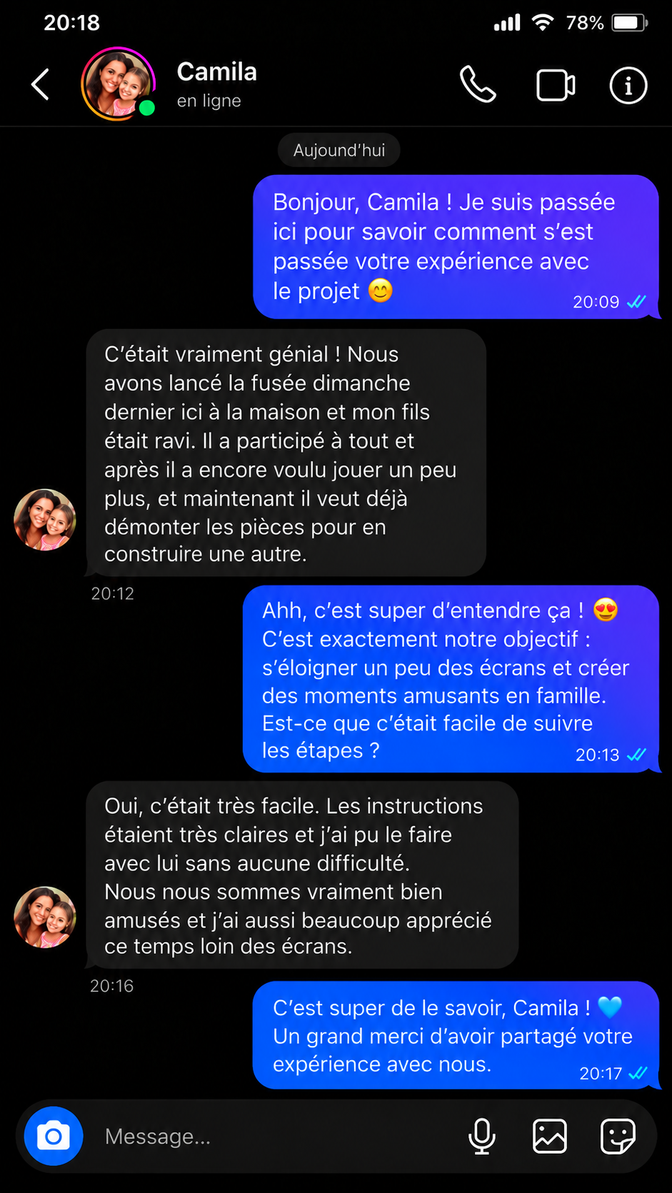 Conversation avec Camila : la famille a lancé une fusée et profité d’un après-midi loin des écrans.