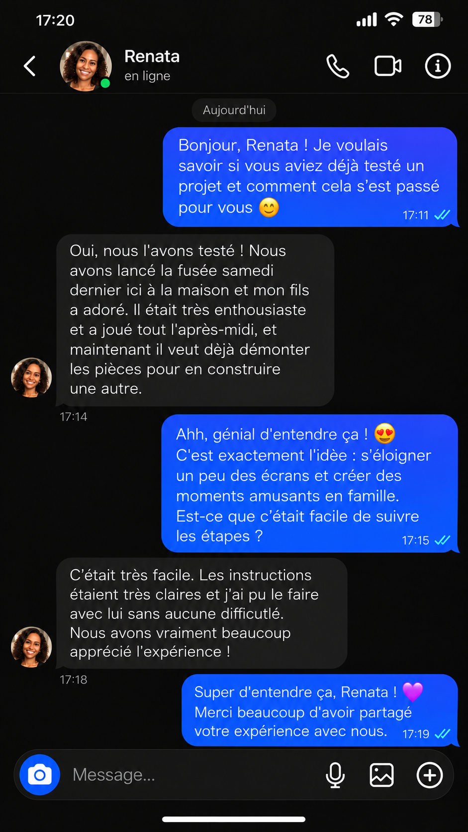 Conversation avec Renata : son fils a adoré lancer la fusée et les instructions étaient faciles à suivre.
