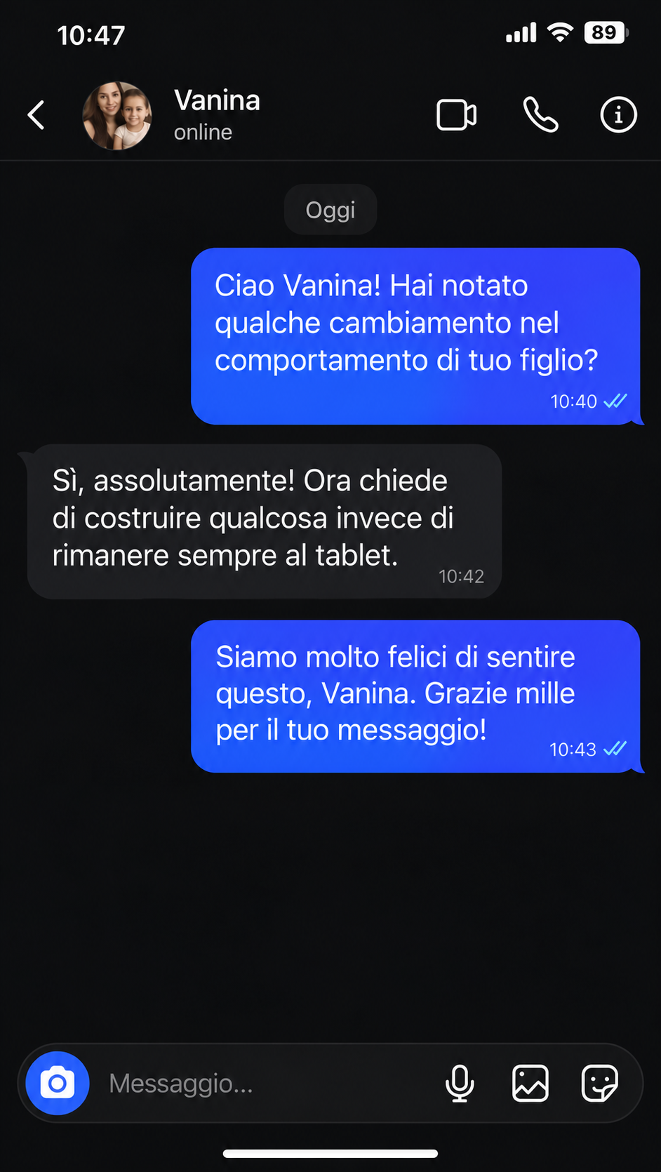 Conversazione con Vanina: suo figlio ora preferisce costruire invece di stare al tablet.