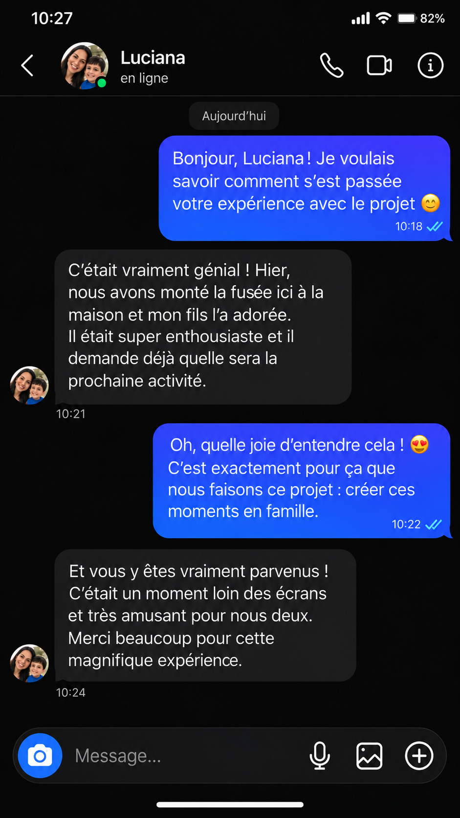 Conversation avec Luciana : mère et fils ont construit une fusée et partagé un beau moment loin des écrans.