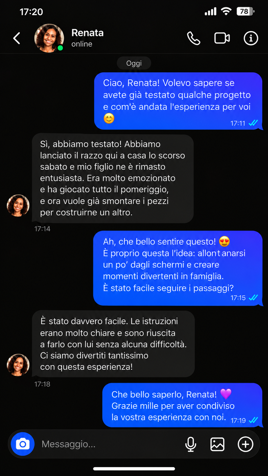 Conversazione con Renata: suo figlio si è divertito a lanciare il razzo e le istruzioni erano facili da seguire.