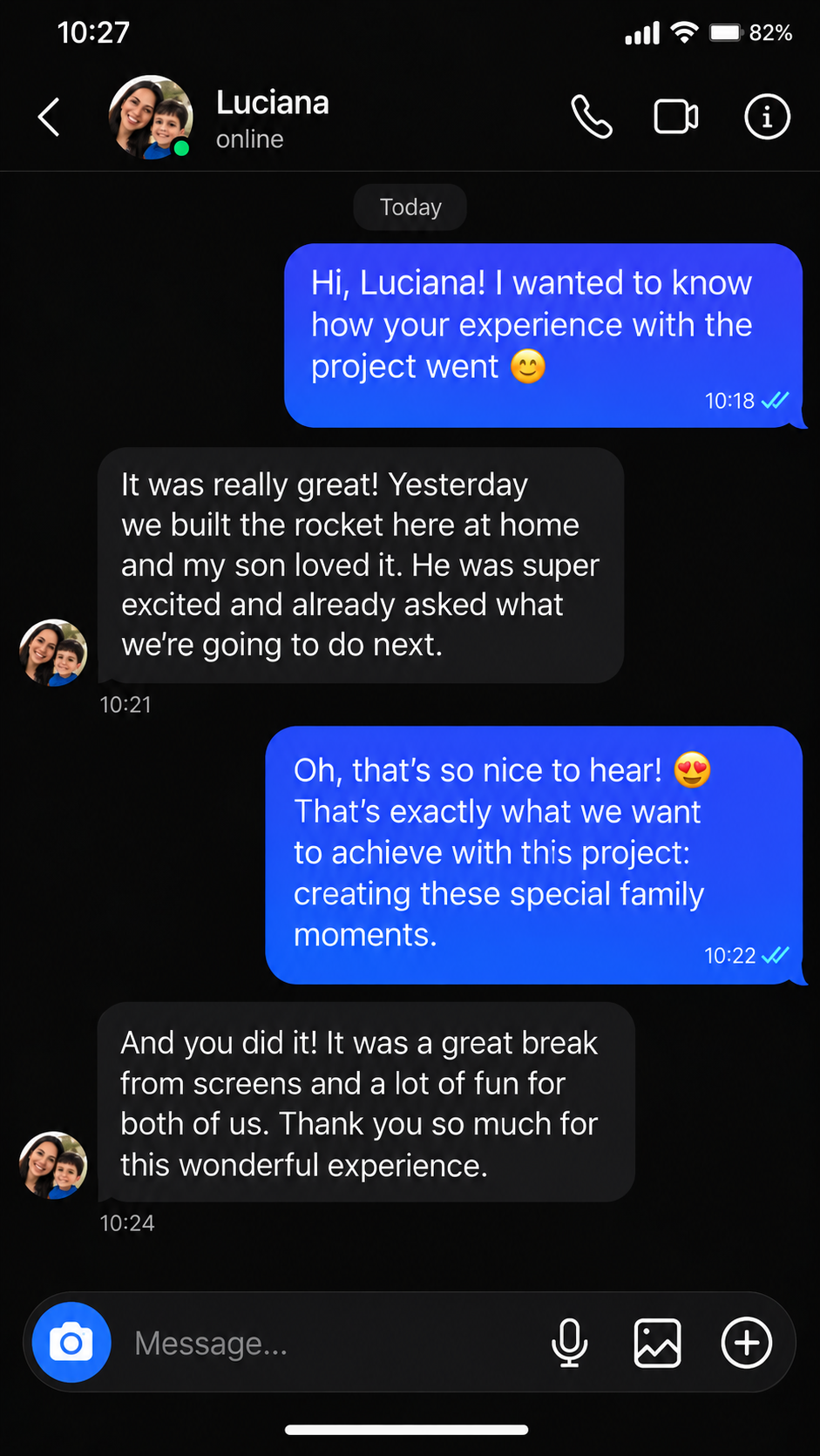 Conversation with Luciana: mother and son built a rocket and enjoyed time together away from screens.