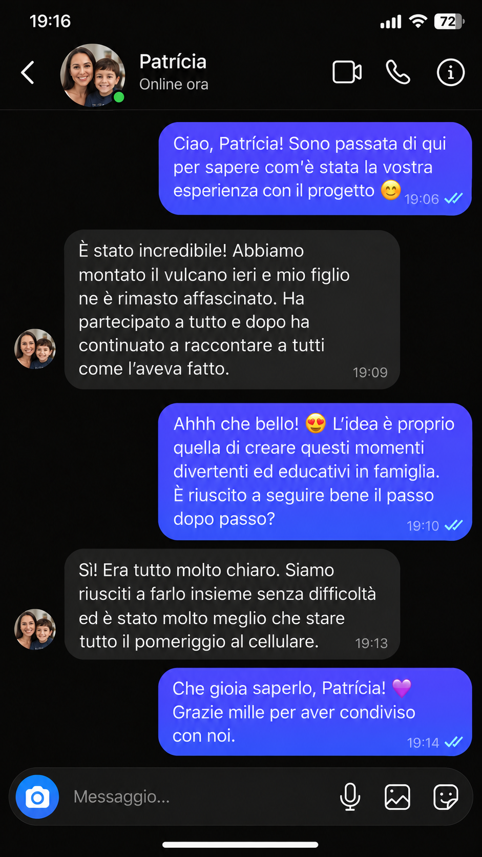 Conversazione con Patrícia: madre e figlio hanno costruito un vulcano e trascorso il pomeriggio insieme senza schermi.