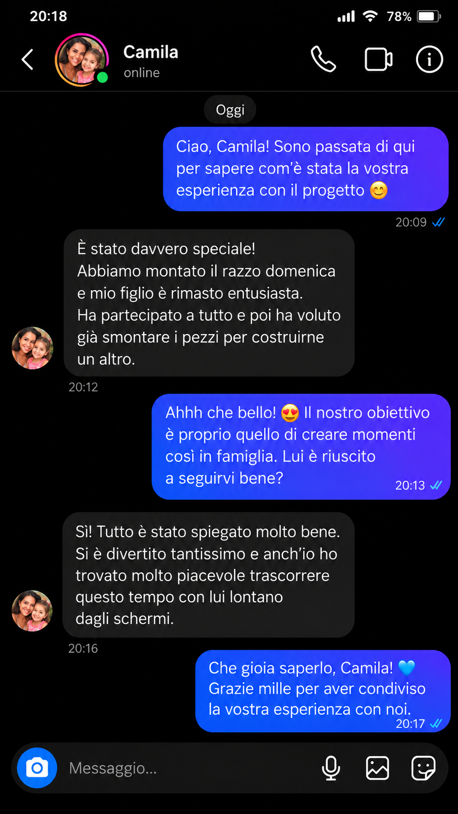 Conversazione con Camila: la famiglia ha lanciato un razzo e trascorso un pomeriggio speciale lontano dagli schermi.