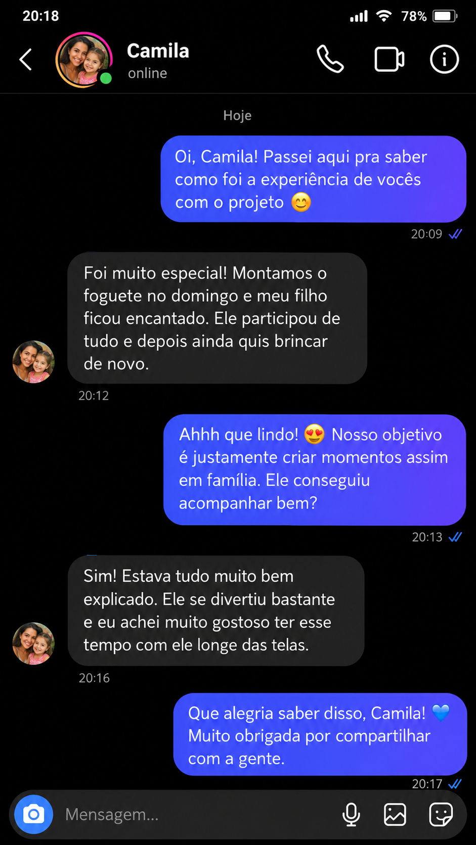 Conversa com Camila: a família montou um foguete e aproveitou um momento juntos longe das telas.