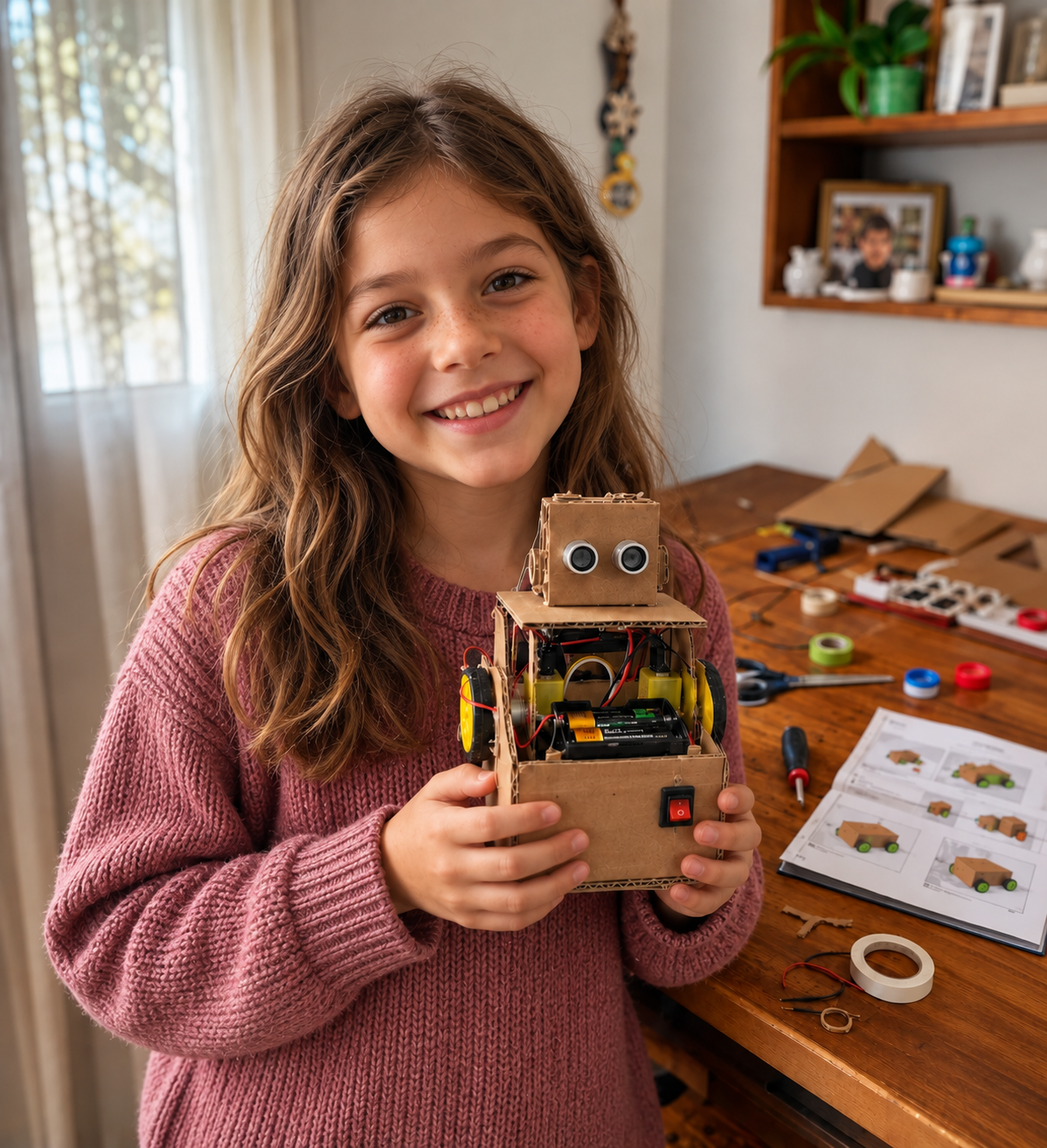 Menina mostrando seu robô de papelão