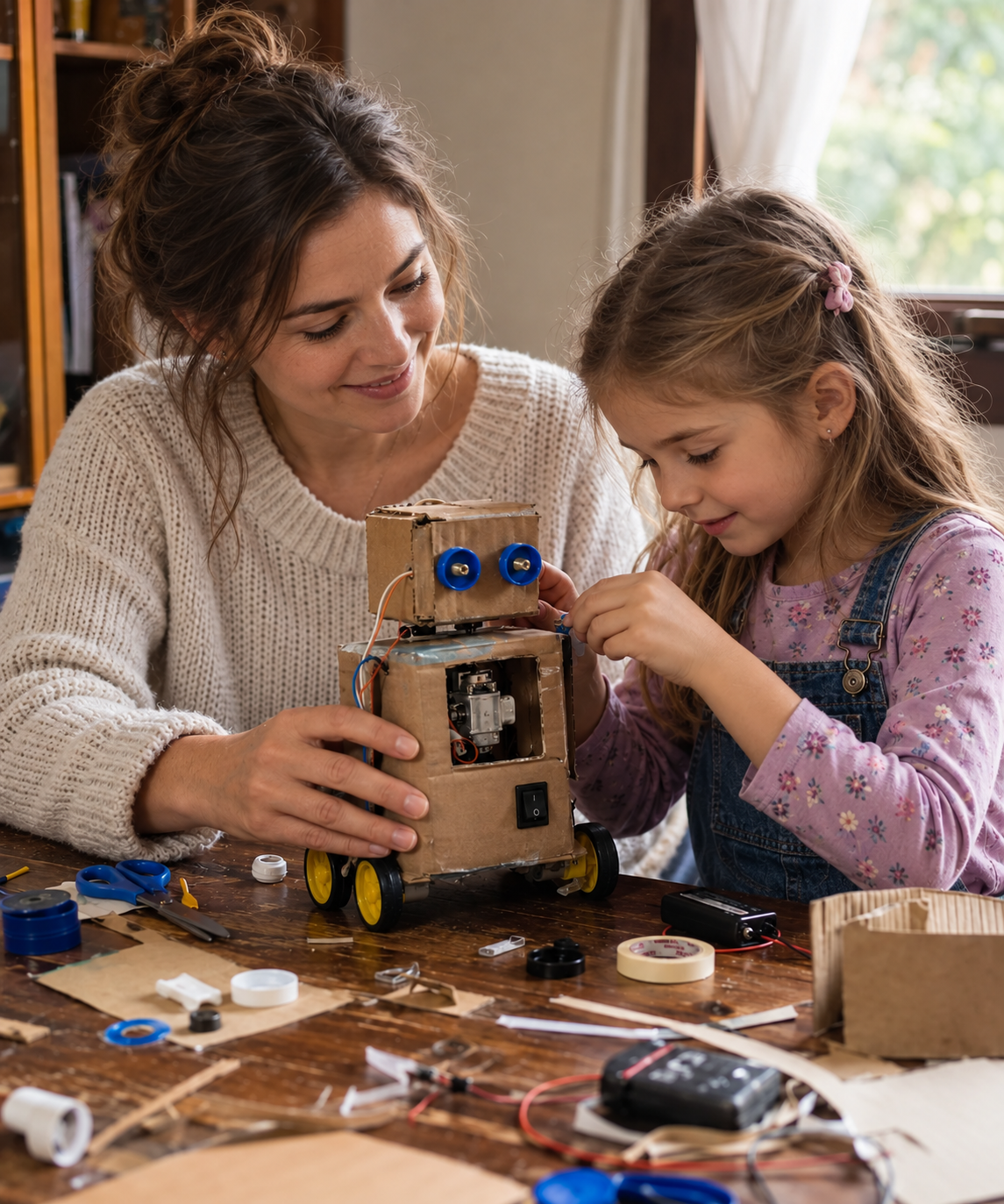 Mãe e filha construindo um robô de papelão